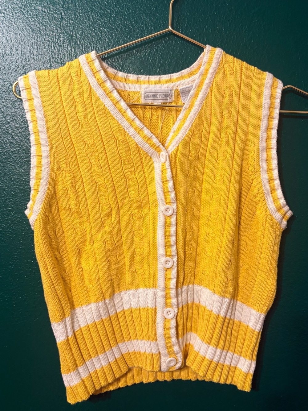 Jeanne Pierre Yellow Cable Knit Button-Front Sleeveless Sweater Vest